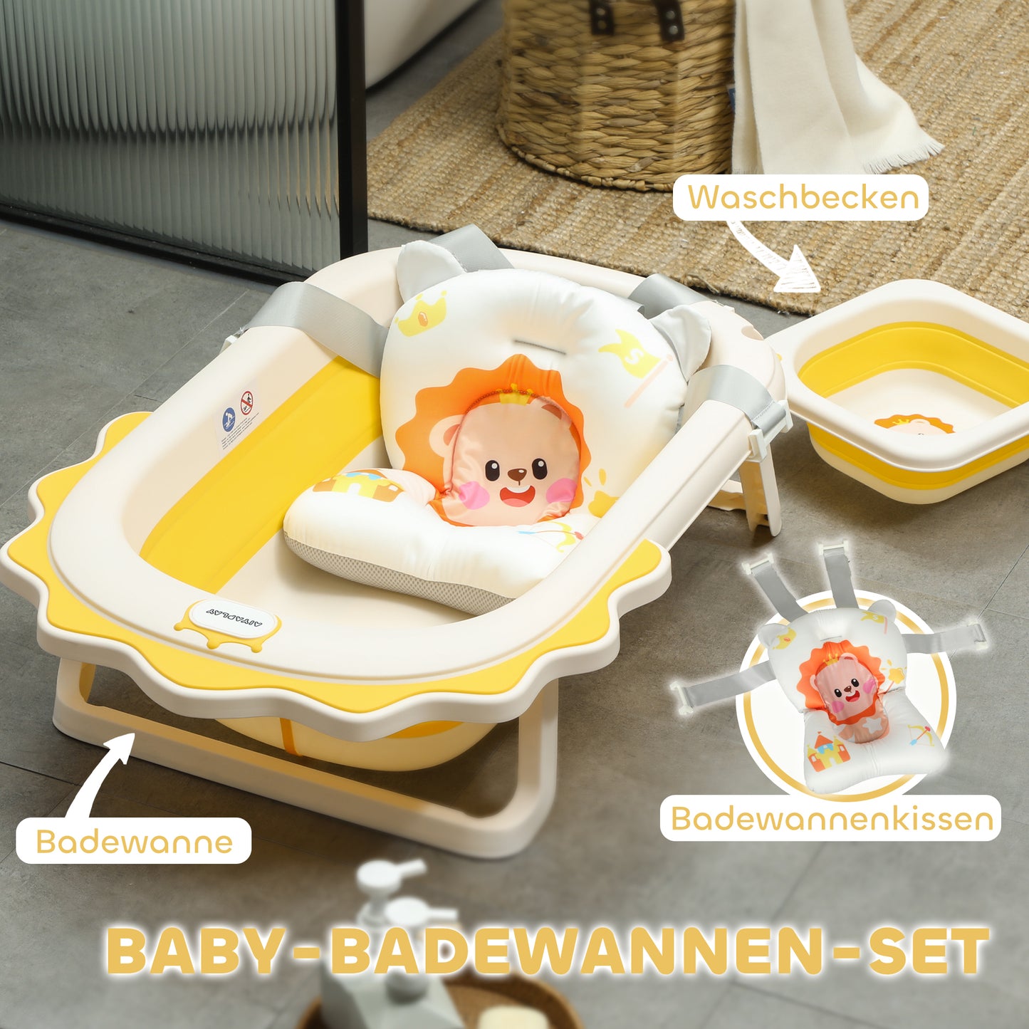 AIYAPLAY Babybadewanne mit Waschbecken, faltbar, rutschfester Boden, komfortables Badekissen, Gelb