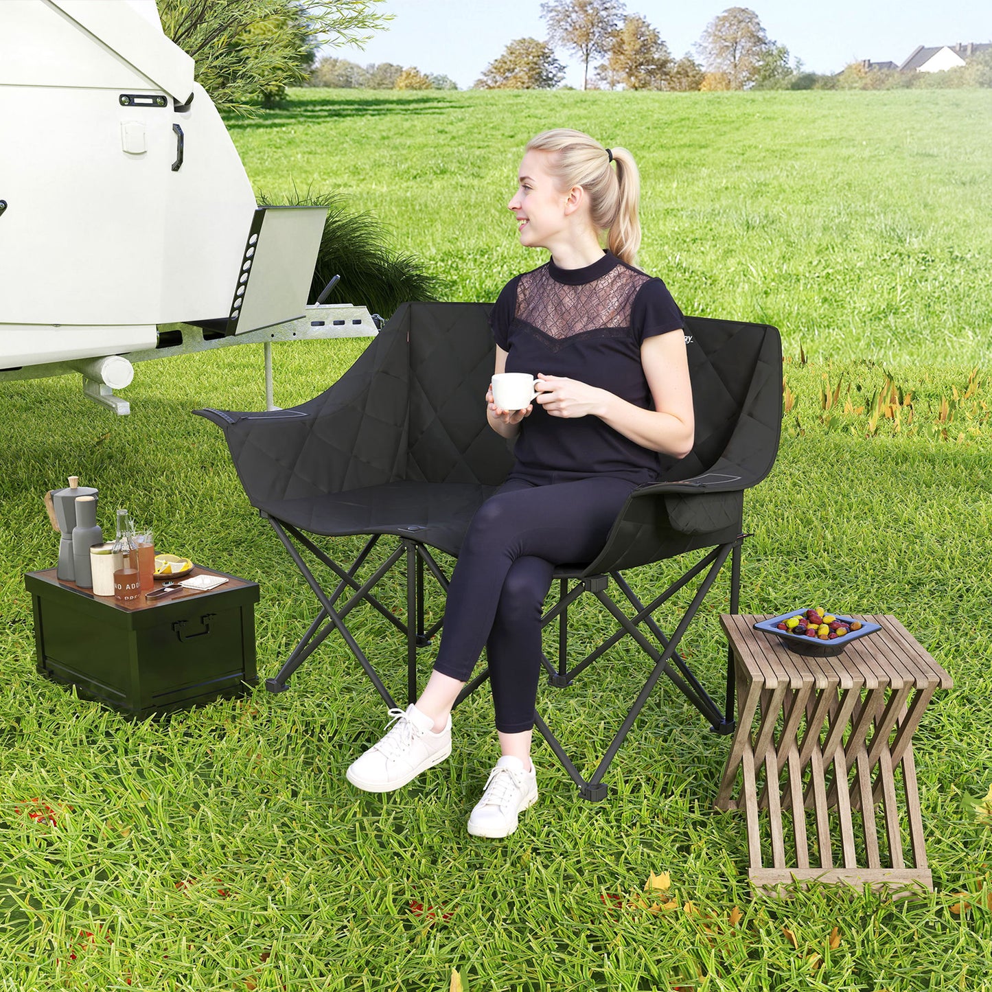 Outsunny Faltstuhl faltbar 2 Sitzer Campingstuhl mit Tragetasche Outdoor bis 250kg belastbar 145 x 60 x 92 cm Schwarz