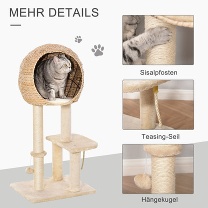 PawHut Kratzbaum 100 cm Katzenturm mit Höhle, Spielball, Sisalstämme, Plattform, mehrstöckiger Katzenkratzbaum, Kletterbaum, für mittelgroße Katzen, Beige