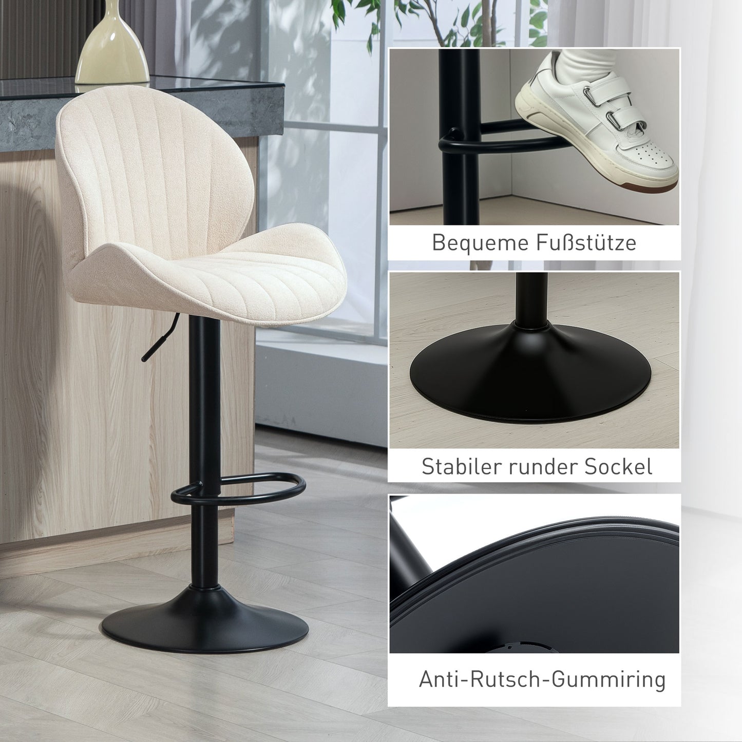 HOMCOM 2er-Set Barhocker, Stoffbezug, verstellbare Sitzhöhe, drehbar, Stahlrahmen, Beige