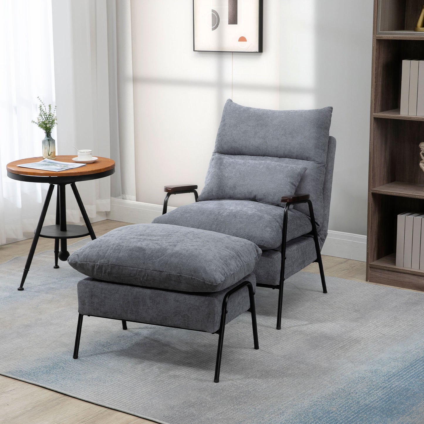 HOMCOM Sessel mit Ottomane Polstersessel Relaxsessel, inkl. Kissen, 68 cm x 91,5 cm x 88 cm, Hellgrau