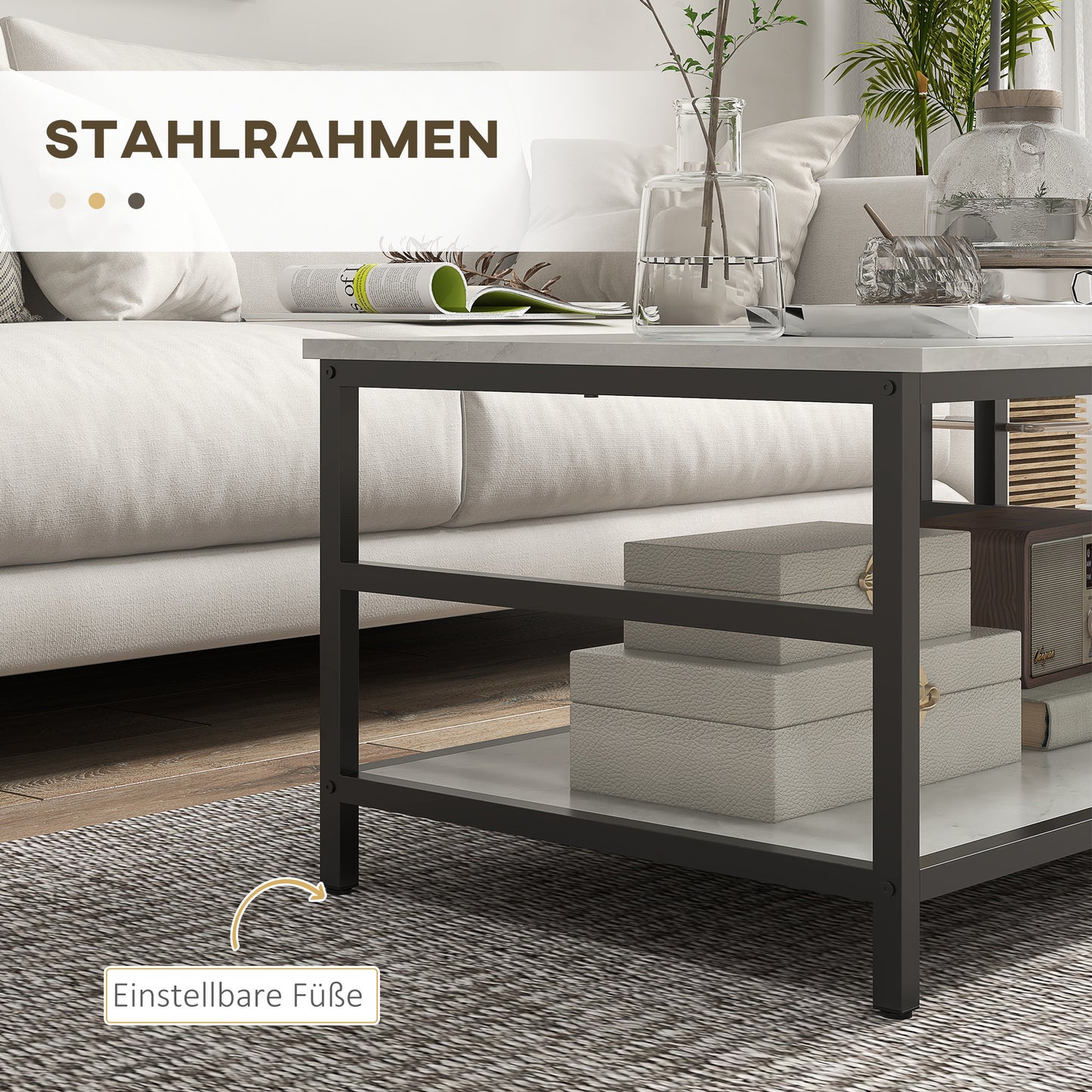 HOMCOM Couchtisch-Set, 2 Beistelltische, Marmoroptik, verstellbare Füße, Stahl, Schwarz/Weiß