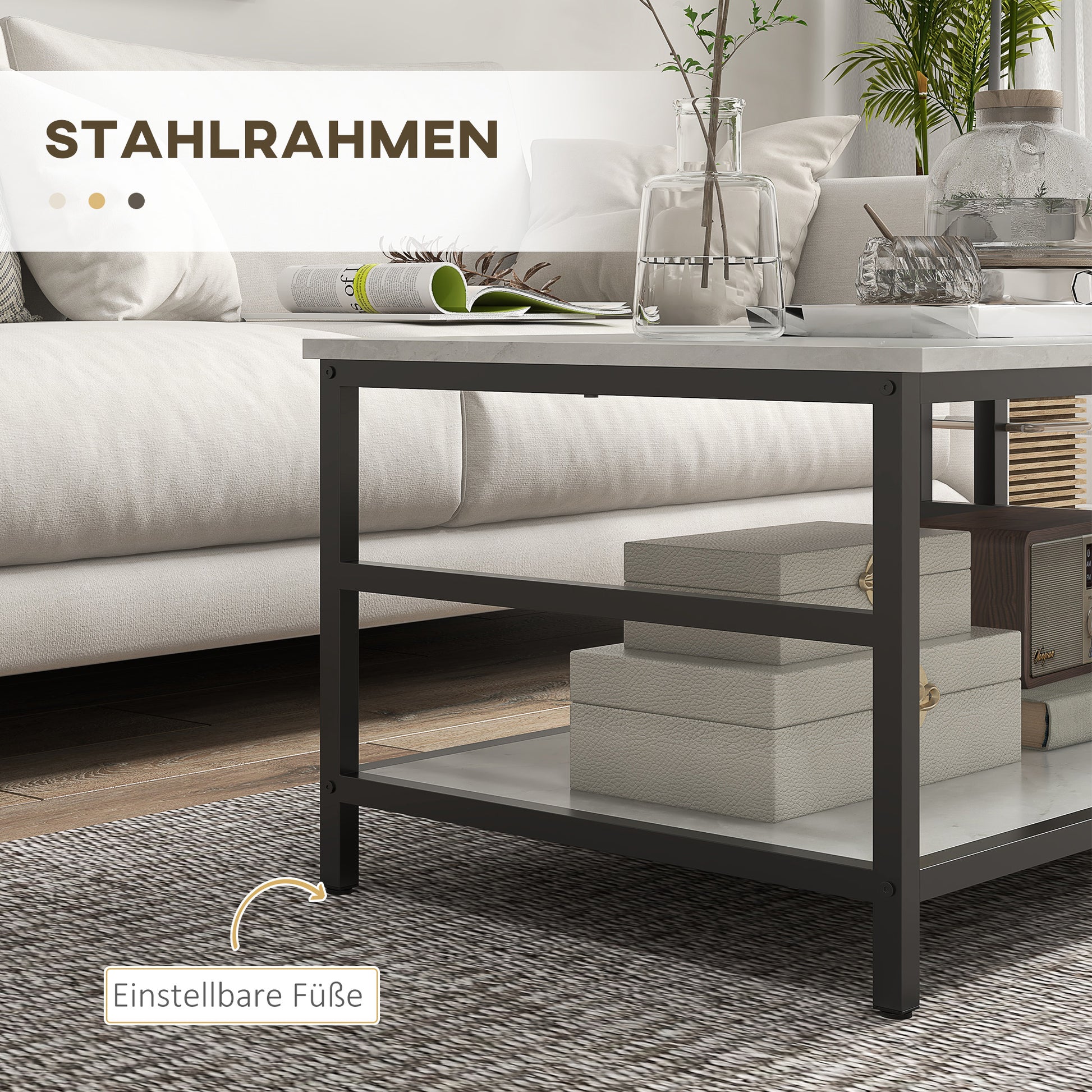 HOMCOM Couchtisch-Set, 2 Beistelltische, Marmoroptik, verstellbare Füße, Stahl, Schwarz/Weiß