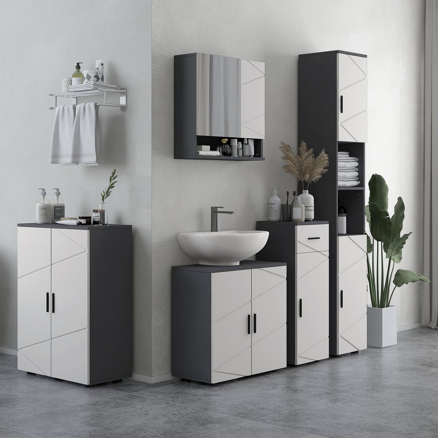kleankin Badezimmerschrank, Badkommode, verstellbare Regale, bis zu 25 kg belastbar, Grau