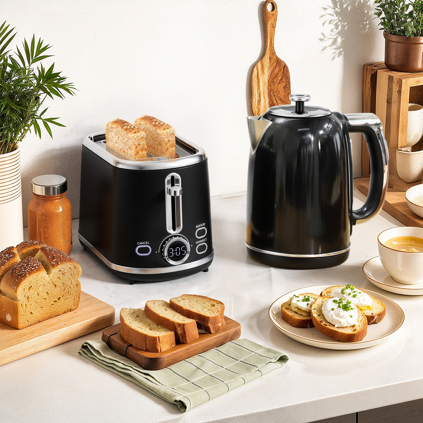 HOMCOM Wasserkocher- und Toaster-Set, LED-Anzeige, 1,7 Liter, 2200W, Retro-Design, Memory-Funktion, Schwarz