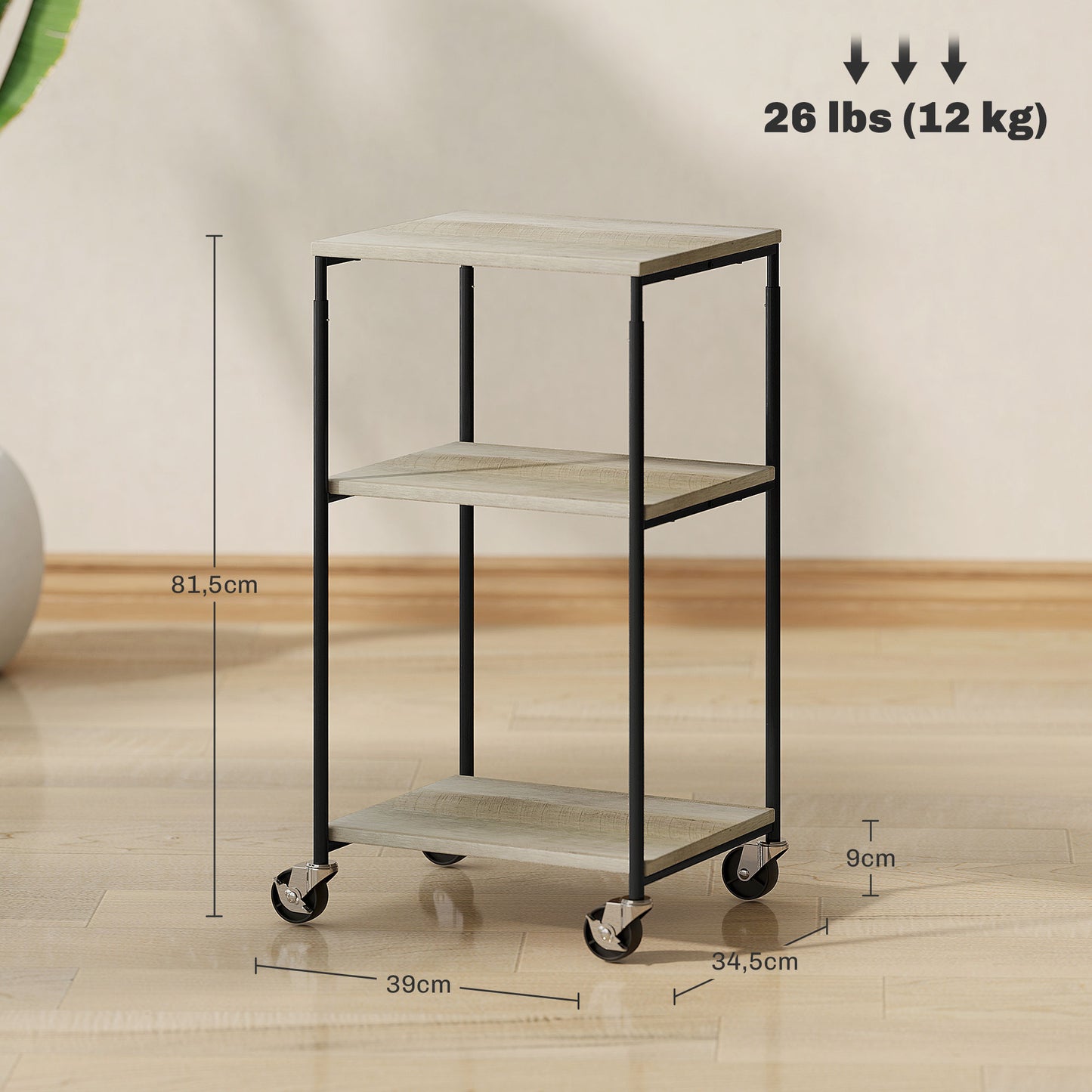 HOMCOM Druckerständer mit 3 Ebenen, höhenverstellbar, Mobiler Druckertisch auf Rollen, für Homeoffice, Metall und Holz