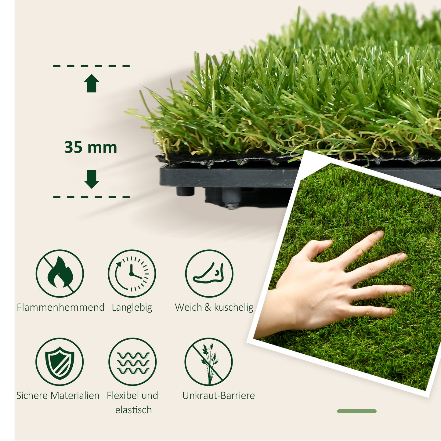 Outsunny Kunstrasen, naturgetreu, Drainagefunktion, 6,5 K Fasern/m², 25mm Höhe, 10-er Set je 30x30cm, Grün