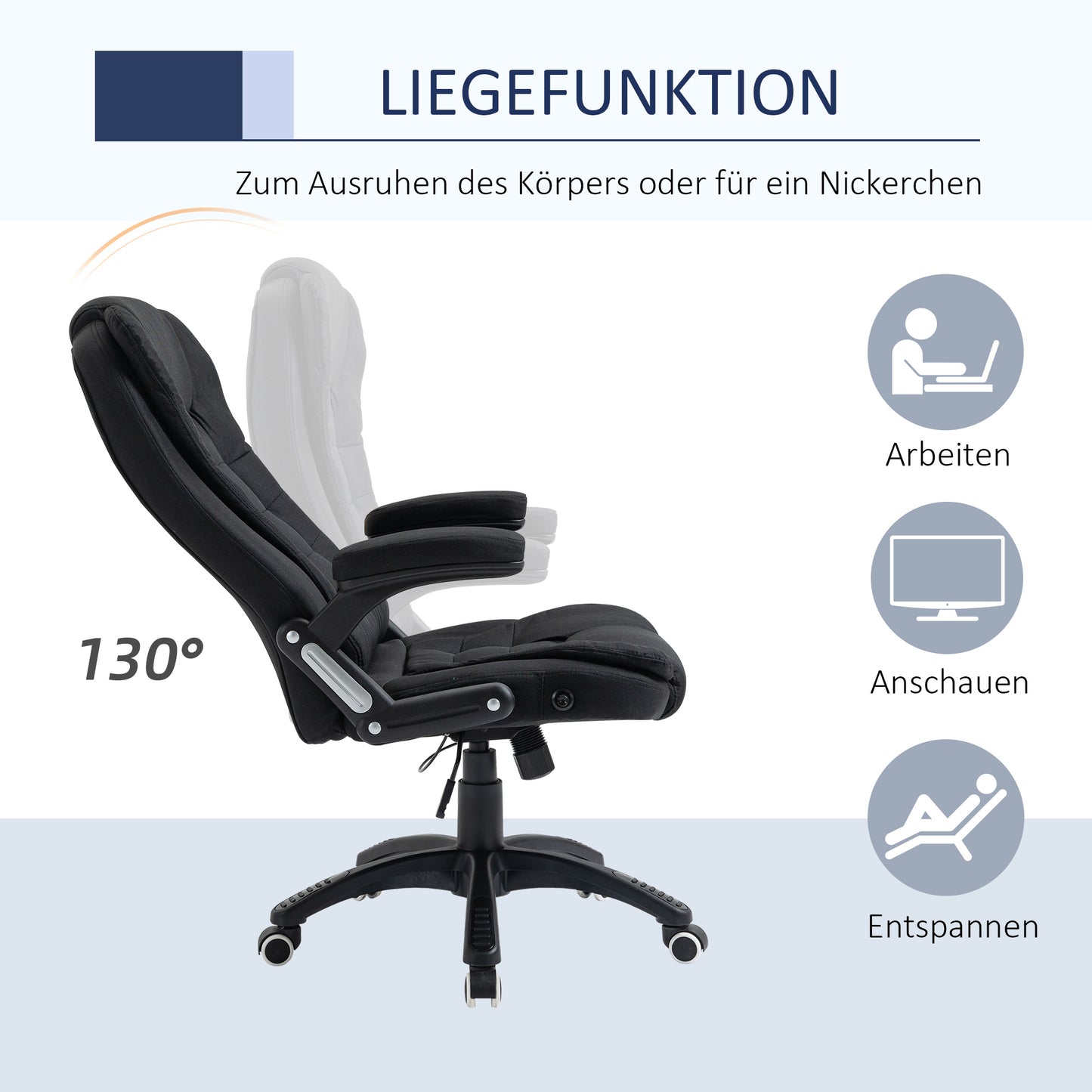 Vinsetto Bürostuhl Computerstuhl entspanntes Hinlegen höhenverstellbarer Schreibtischstuhl ergonomisch 360° Schaumstoff Kunststoff-Kunststoff leinenartiges Polyester Schwarz 65 x 72 x 100-120 cm