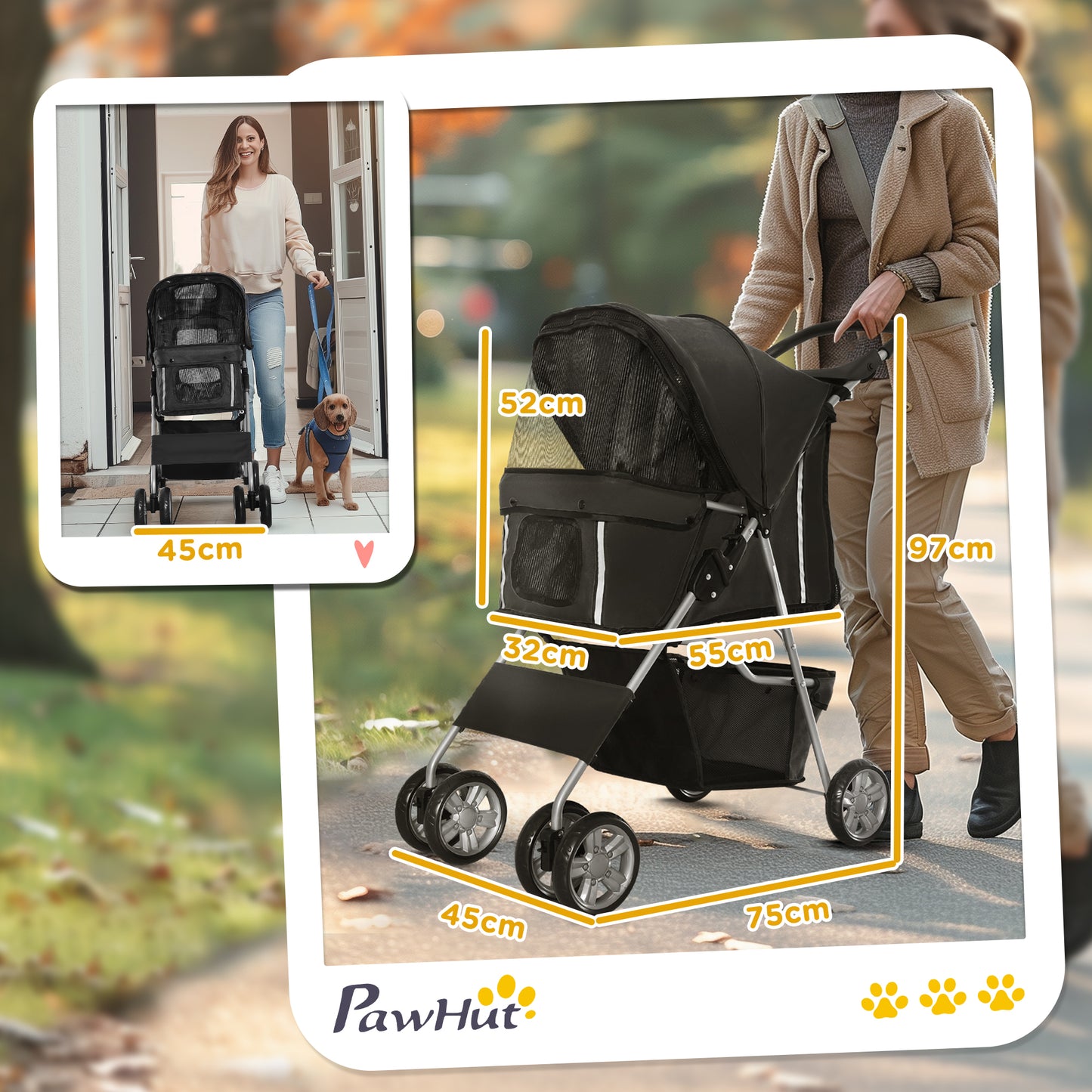 PawHut Hundewagen klappbar mit Becherhalter Sonnendach Schwarz