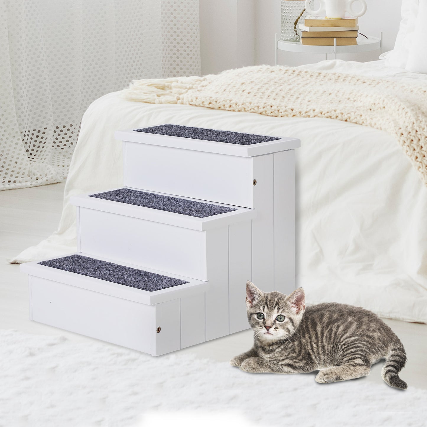 PawHut Hundetreppe 3 Stufen Katzentreppe Haustiertreppe Hundetreppe für Hunde und Katzen Tiertreppe Einstiegshilfe mit Teppich Stauraum für Sofa Bett Tannenholz Weiß 40,5 x 44,5 x 38 cm