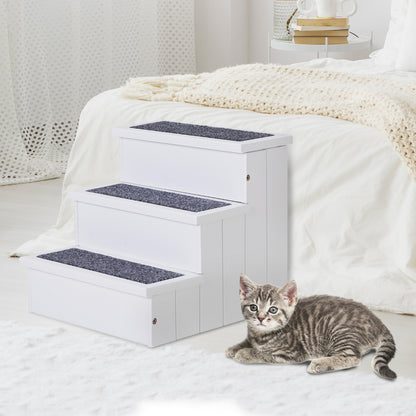 PawHut Hundetreppe 3 Stufen Katzentreppe Haustiertreppe Hundetreppe für Hunde und Katzen Tiertreppe Einstiegshilfe mit Teppich Stauraum für Sofa Bett Tannenholz Weiß 40,5 x 44,5 x 38 cm