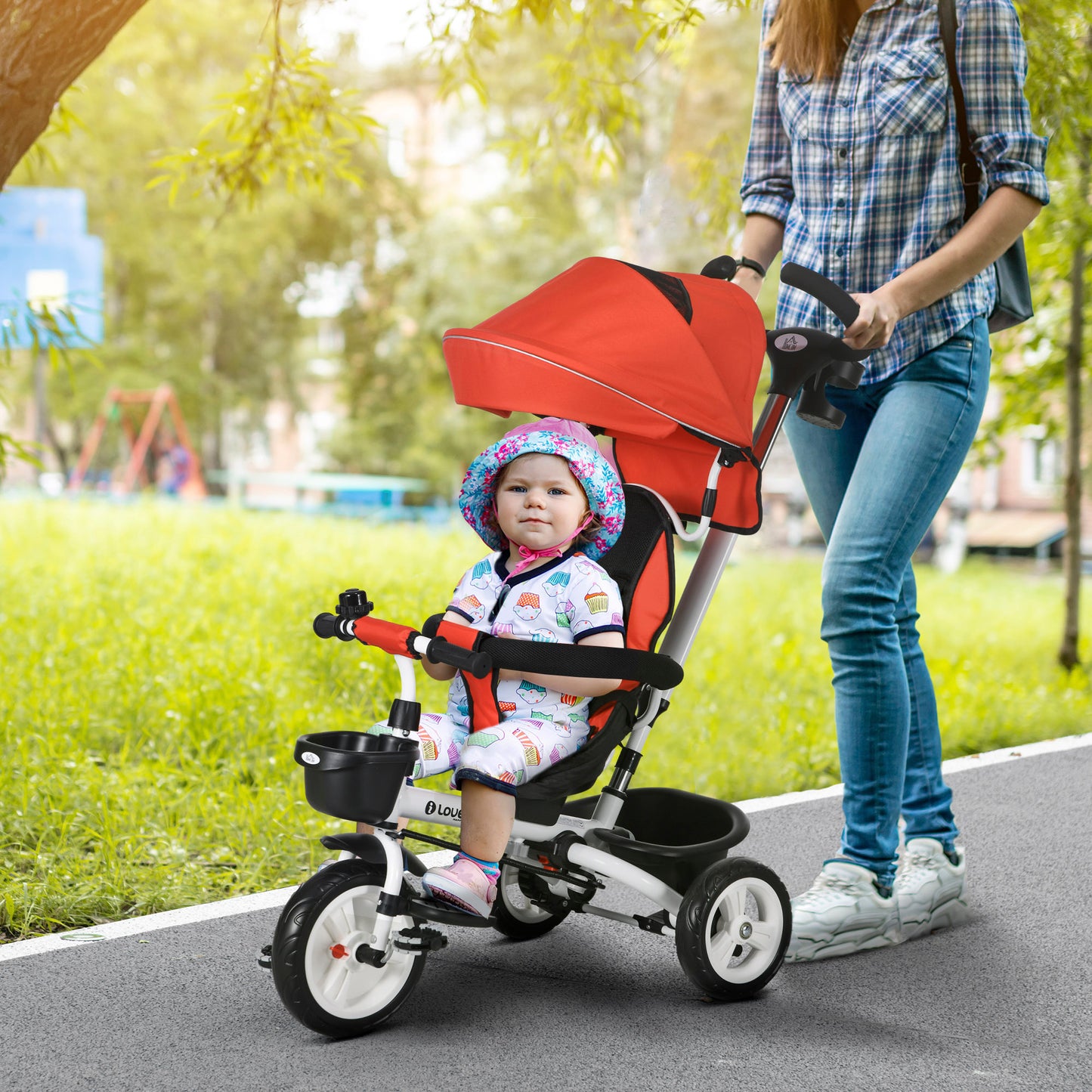 HOMCOM 6-in-1 Kinderdreirad mit Schiebestange, Dach, Gurt, Ablagekorb, 18+ Monate, Rot