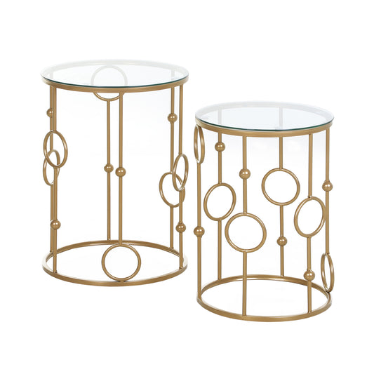 HOMCOM 2er-Set Couchtisch, Beistelltisch mit Glasplatte, Wohnzimmertisch mit Reifen- und Kugeldesign Ø41 x 57 cm, Gold