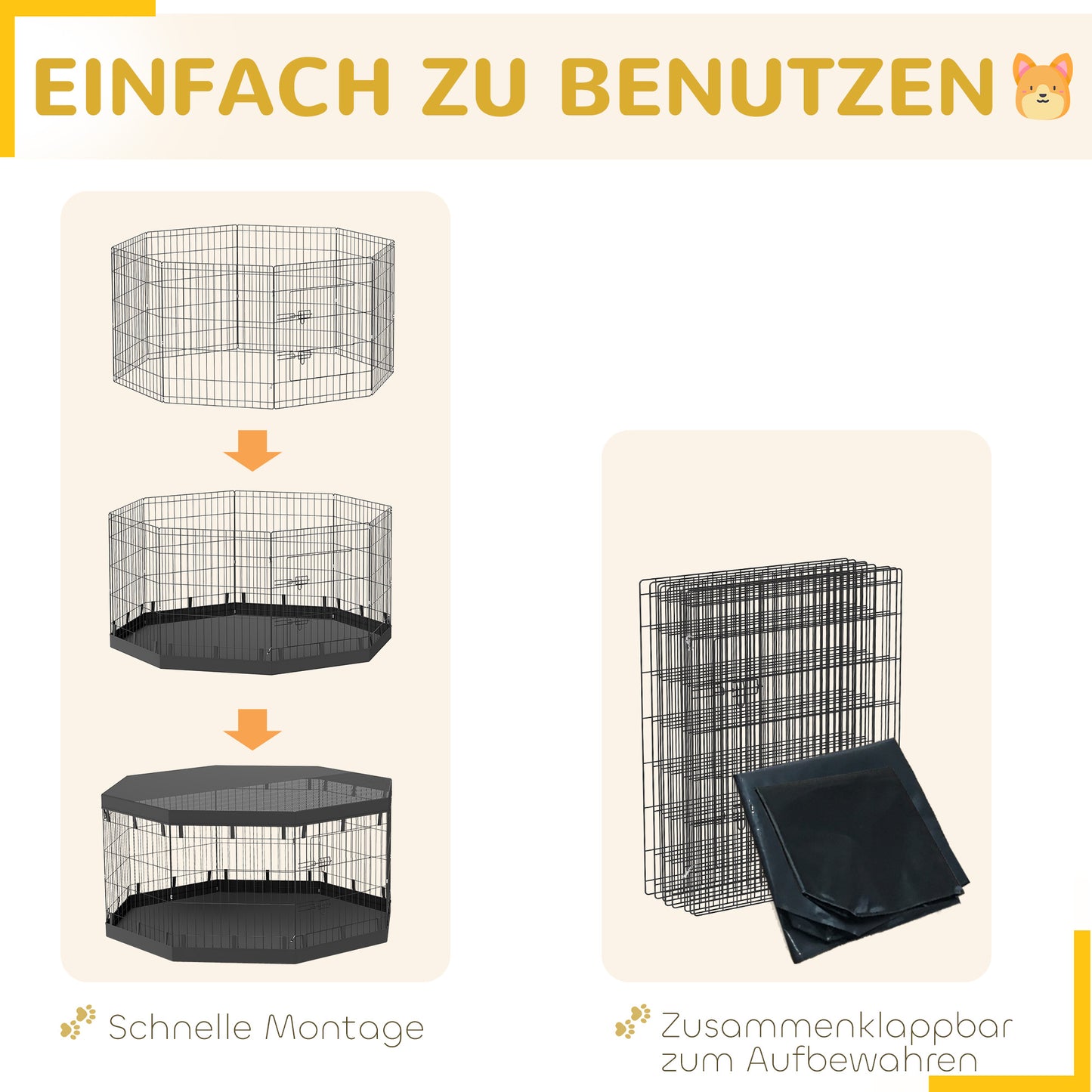 PawHut Welpenauslauf, 76 cm hoch/ca. 2,5 m², 8 Paneele, Bodenplane, Kombi-Dachplane