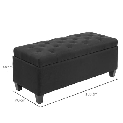 HOMCOM Sitzbank mit Stauraum, Truhenbank, leinenartiges Polyester, Kautschukholz, Schwarz, 100 x 40 x 44 cm