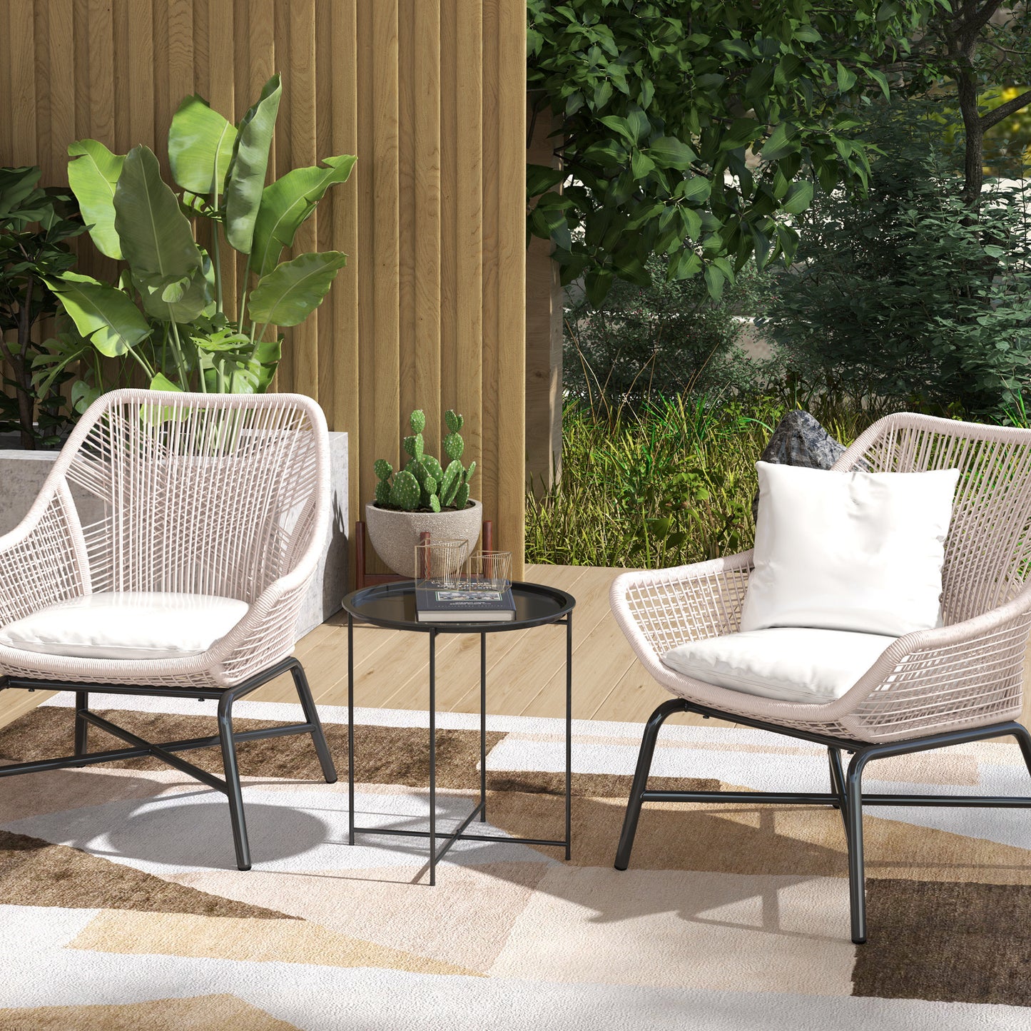 Outsunny Gartentisch, Runder Außen-Beistelltisch aus Stahl mit herausnehmbarem Tablett, faltbares Design, Terrassentisch, Schwarz