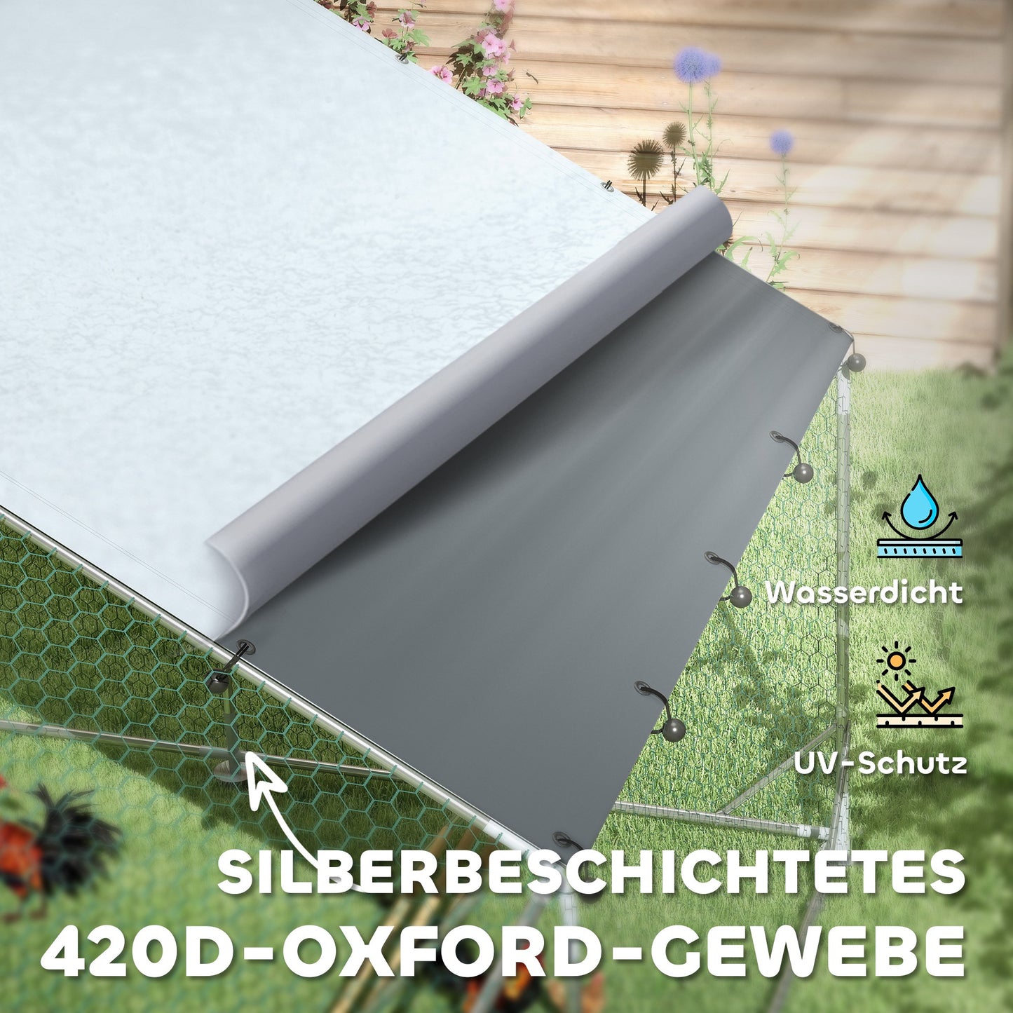 PawHut Hühnerstall, Freilaufgehege für Hühner, mit UV-beständiger Plane, Stahlgitter, Futterautomat, für 12-18 Hühner