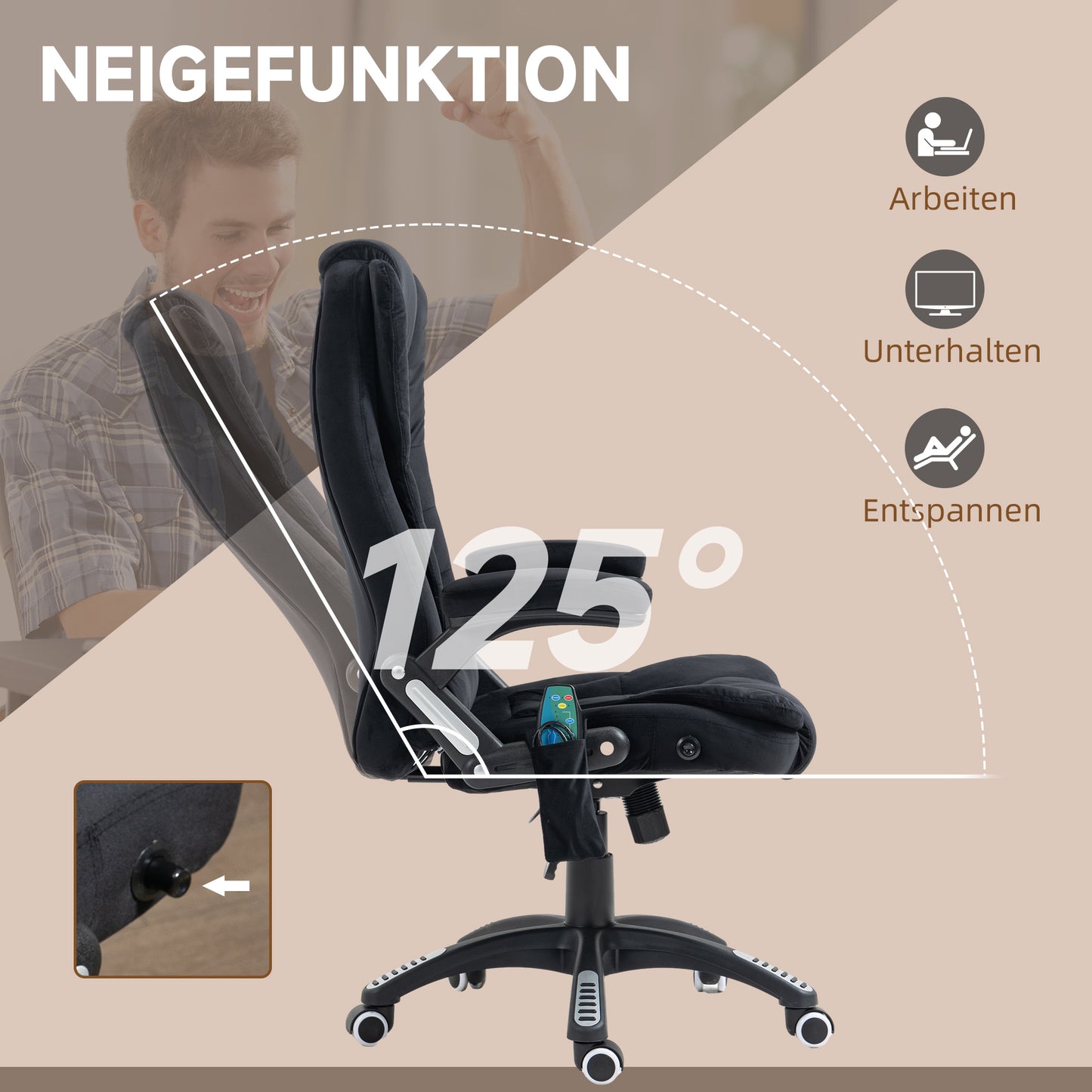 Vinsetto Bürostuhl mit Massage- & Wärmefunktion, ergonomisch, höhenverstellbar, Schwarz