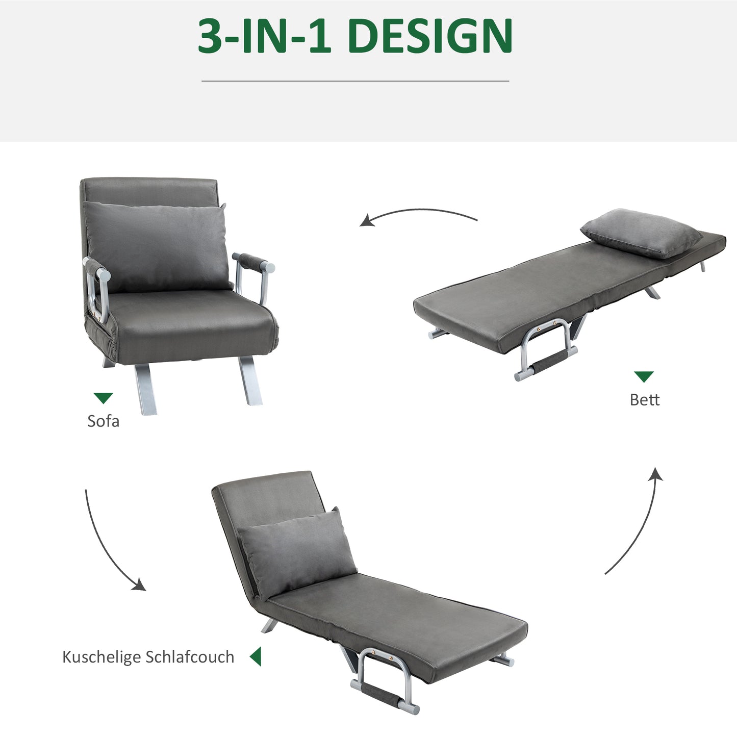 HOMCOM Relaxsessel Liegesessel Sessel, Liegefunktion, Gästebett, 65 cm x 69 cm x 80 cm, Grau