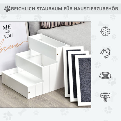 PawHut Hundetreppe 3 Stufen Katzentreppe Haustiertreppe Hundetreppe für Hunde und Katzen Tiertreppe Einstiegshilfe mit Teppich Stauraum für Sofa Bett Tannenholz Weiß 40,5 x 44,5 x 38 cm
