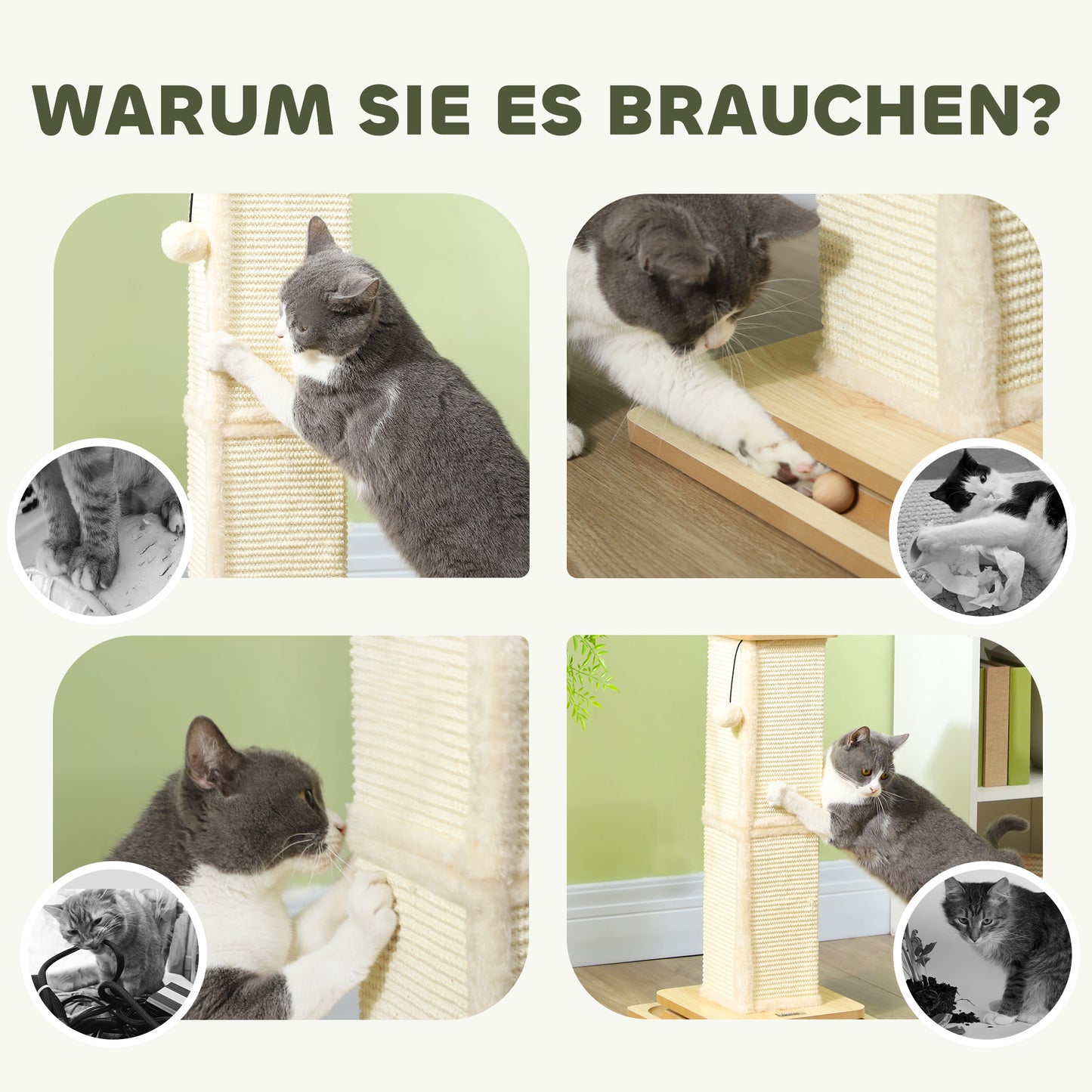 PawHut 3-in-1-Kratzbaum mit Spielschiene, Spielball, Sisal, bis 5 kg, 34 x 34 x 67 cm, Eiche/Creme