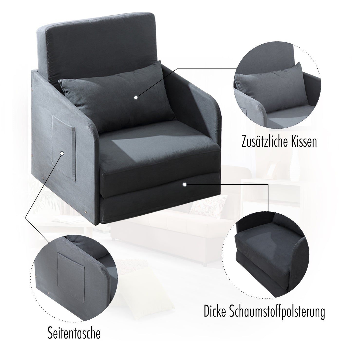 HOMCOM Schlafsofa Sofabett Einzelsofa Waschbarer Bezug 2 Seitentaschen Kissen Metall Grau 70 x 76 x 77 cm