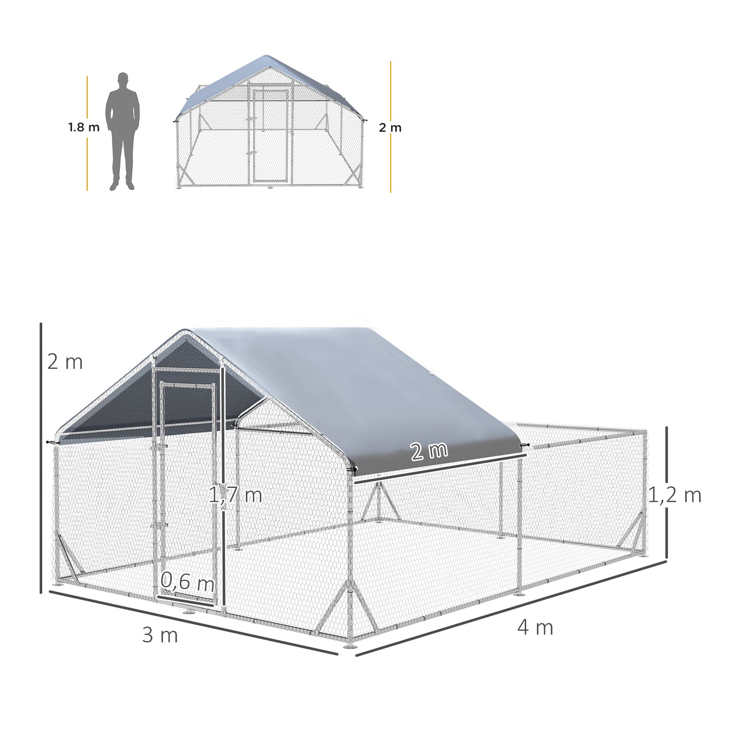 PawHut Zwerghühnerstall, wetterbeständig, begehbarer Stall, Stahlgitter, 400 cm x 300 cm x 195 cm, Silber