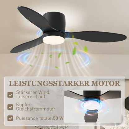 HOMCOM Deckenventilator mit Lampe und Fernbedienung, 3 Lichtfarben, 6 Geschwindigkeiten, Einstellbare Helligkeit, Schwarz