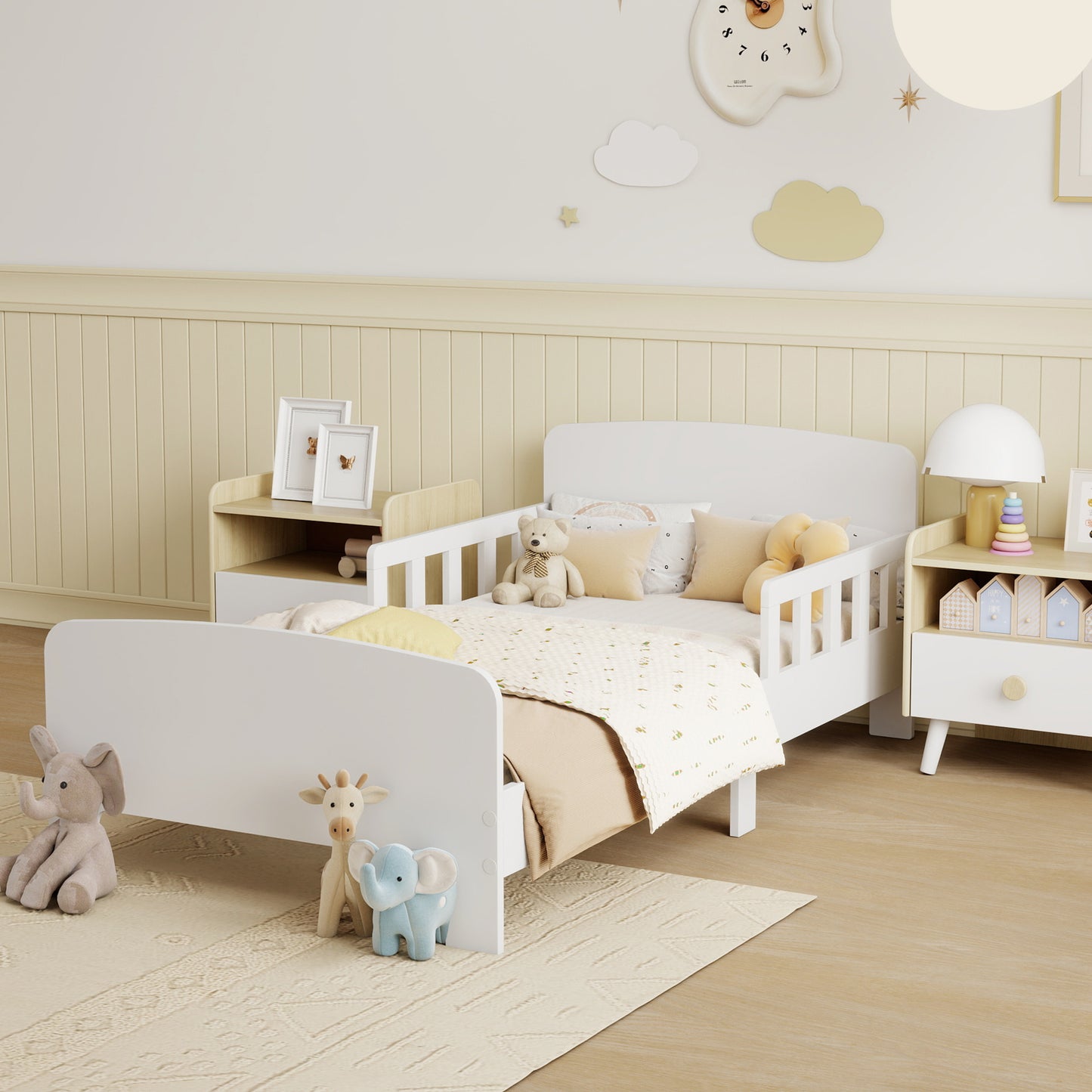 AIYAPLAY Kinderbett mit Sicherheitsschienen, Kleinkinderbett für Kinder im Alter von 3-8 Jahren, MDF, Weiß