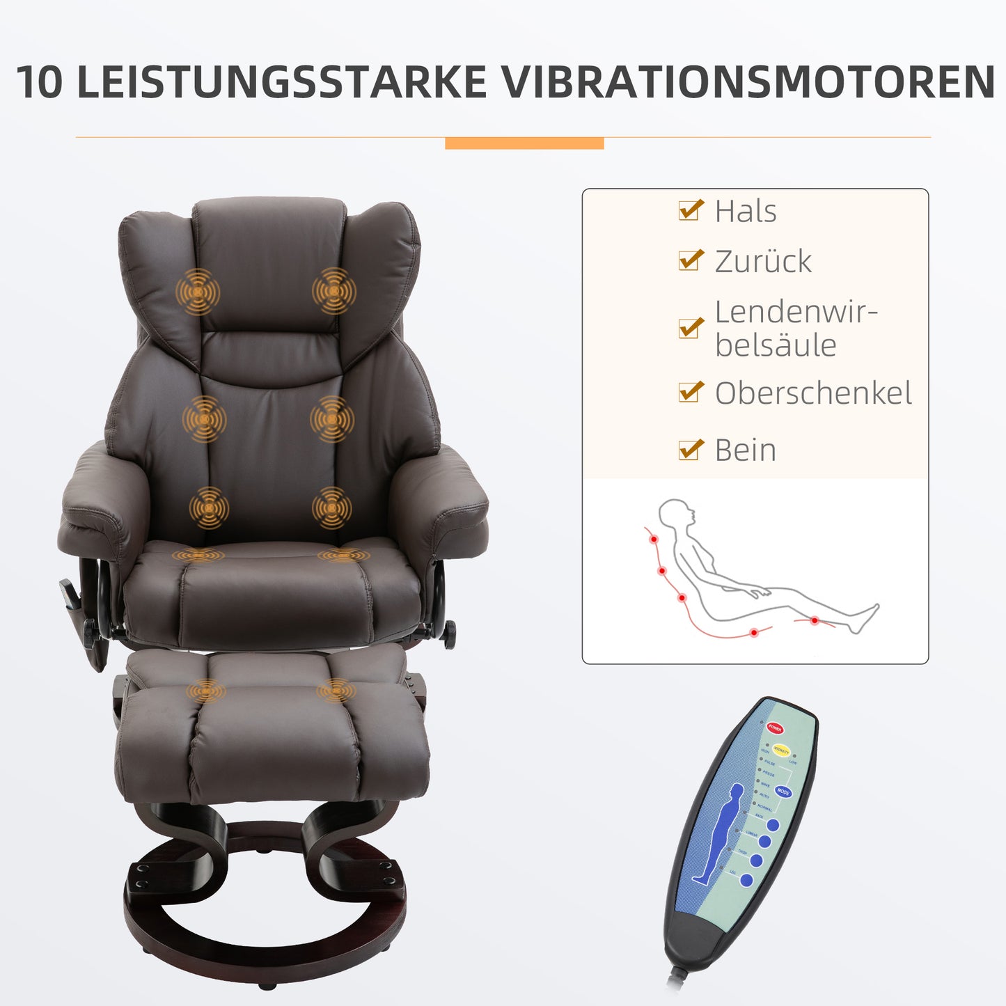 HOMCOM Relaxsessel mit Hocker, 360°drehbarer Fernsehsessel mit Massage, Liegefunktion, Massagesessel mit Seitentasche, Liegesessel, Kunstleder für Wohnzimmer Braun