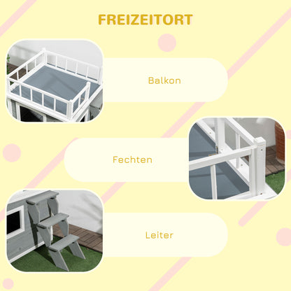 PawHut Hundehütte, Dachterrasse, Treppe, Fenster, Bodenabstand, Naturholz, hellgrau, 121 x 77 x 78cm