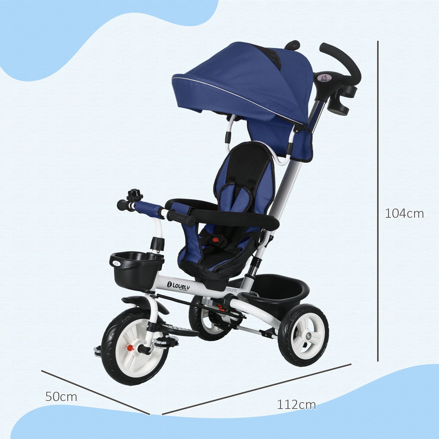 HOMCOM 6-in-1 Kinderdreirad mit Schiebestange, Dach, Gurt, Ablagekorb, 18+ Monate, Dunkelblau