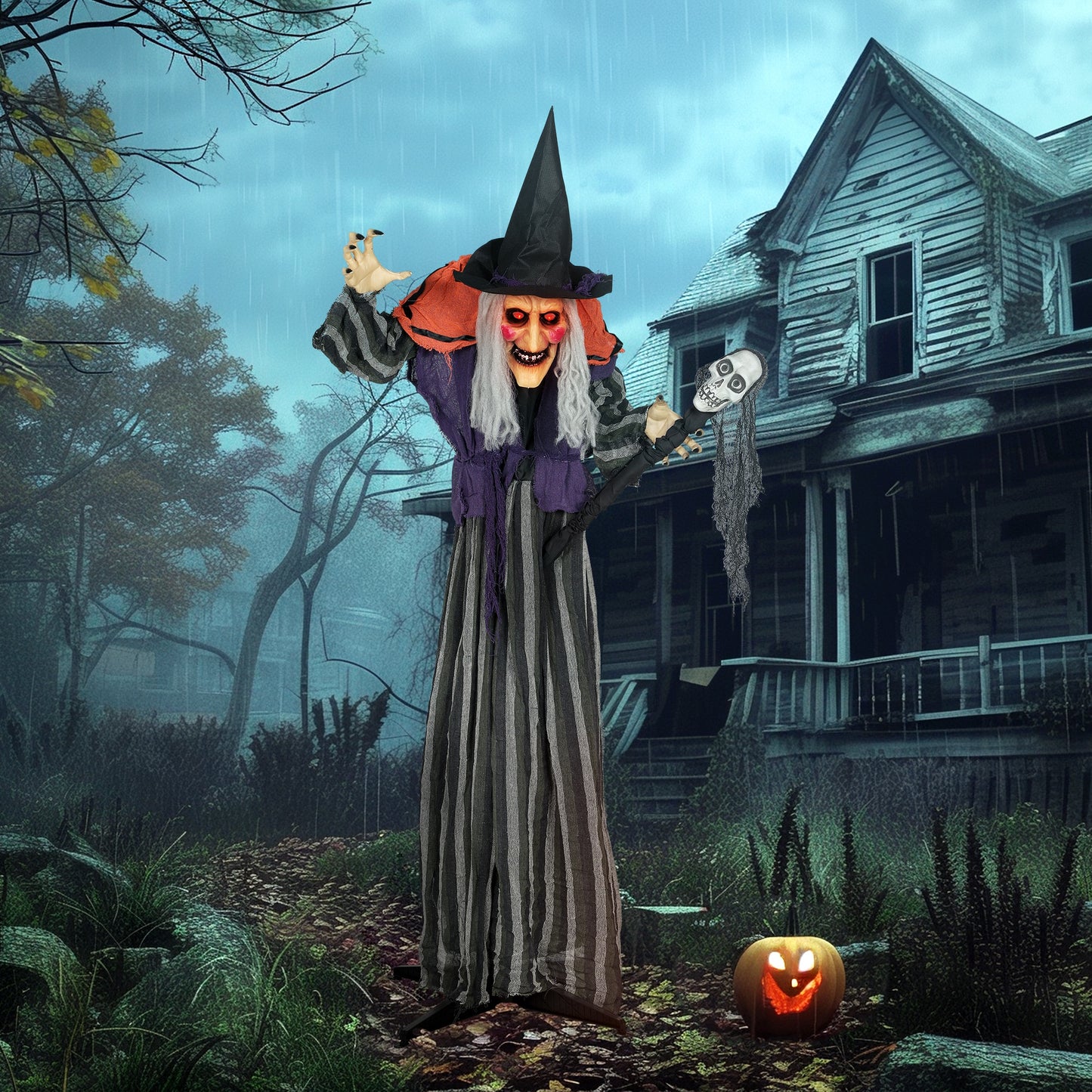 Outsunny 160 cm Halloween Dekoration Halloween Hexe mit LED-Lichter, Soundfunktion verstellbare Arme, Körper