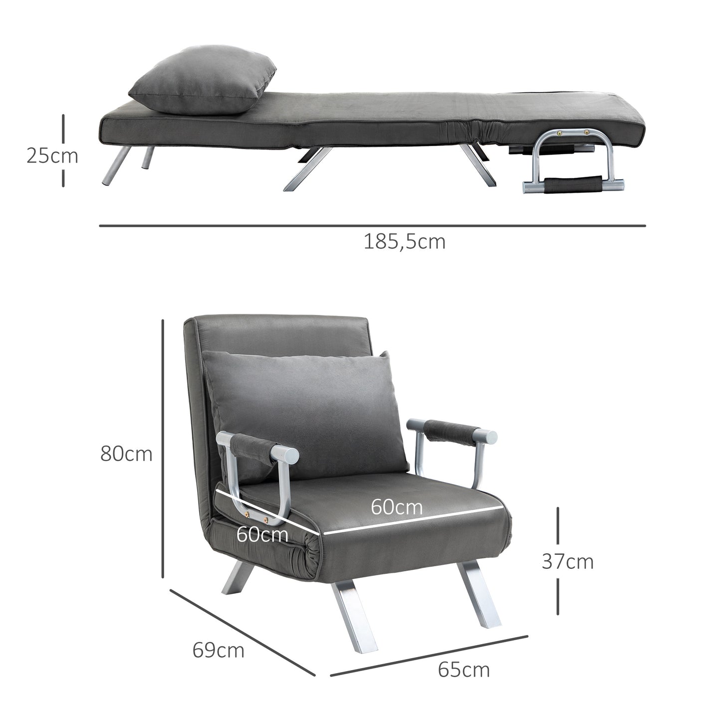 HOMCOM Relaxsessel Liegesessel Sessel, Liegefunktion, Gästebett, 65 cm x 69 cm x 80 cm, Grau