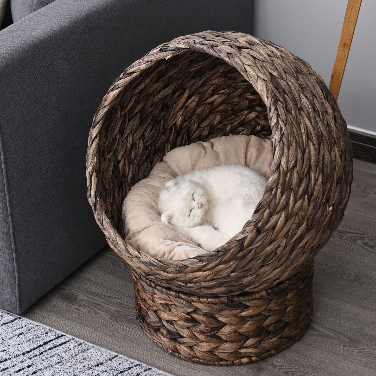 PawHut Katzenkorb aus Wasserhyazinthe inkl. Kissen, Katzenbett, Haustierbett,50 cm x 42 cm x 60 cm, Braun + Beige