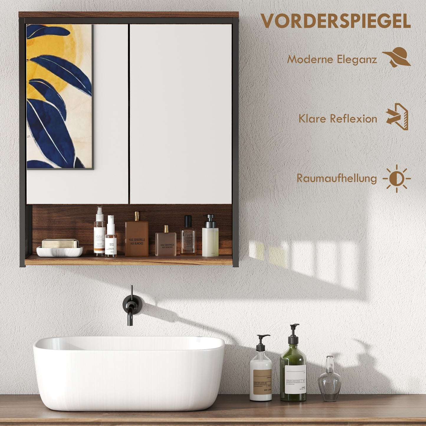 HOMCOM Hängender Spiegelschrank für Badezimmer, Badschrank aus MDF, Spanplatte, Braun