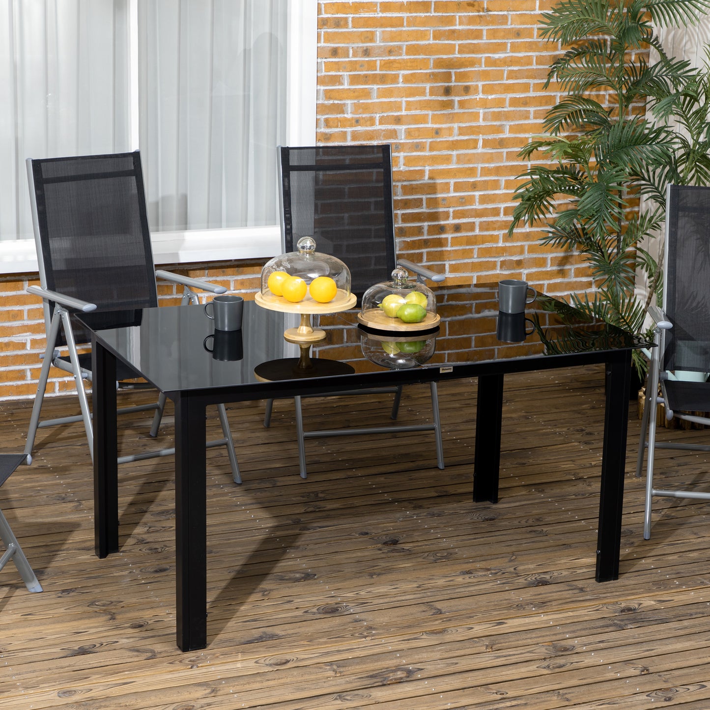 Outsunny Gartentisch für 6 Personen, wetterbeständig, gehärtetes Glas, Terrassentisch, 150 cm x 90 cm x 74 cm, Schwarz