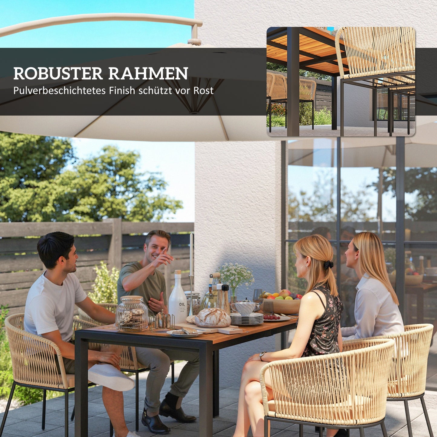 Outsunny 5-teiliges Gartenmöbel-Set, 4 Stühle, 1 Tisch, Kunst-Rattan, Stahlgestell, waschbare Kissen, für Terrasse, Khaki