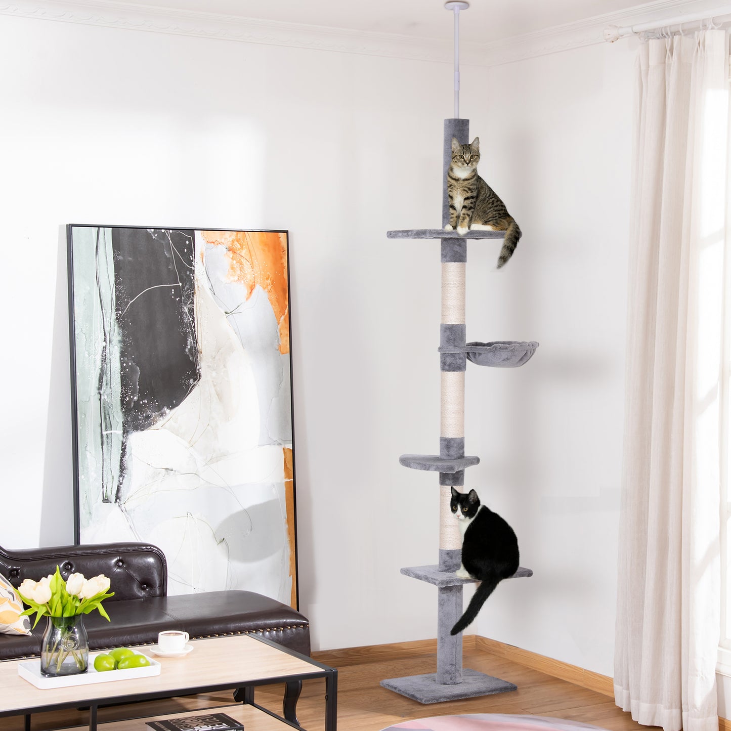 PawHut Kratzbaum Deckenhoch höhenverstellbar, stabiler Katzenbaum mit Sisalsäulen, Katzen Kletterbaum, Grau, 40 x 34 x 230-260 cm