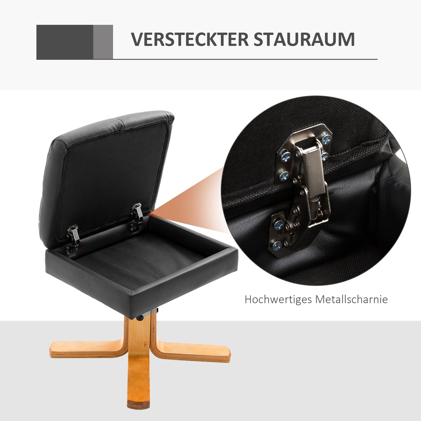 HOMCOM Relaxsessel mit Hocker, Stauraum, Gepolstert Fernsehsessel mit Liegefunktion, 360° Drehbar TV-Sessel für Schlafzimmer, Wohnzimmer, Kunstleder, Schwarz
