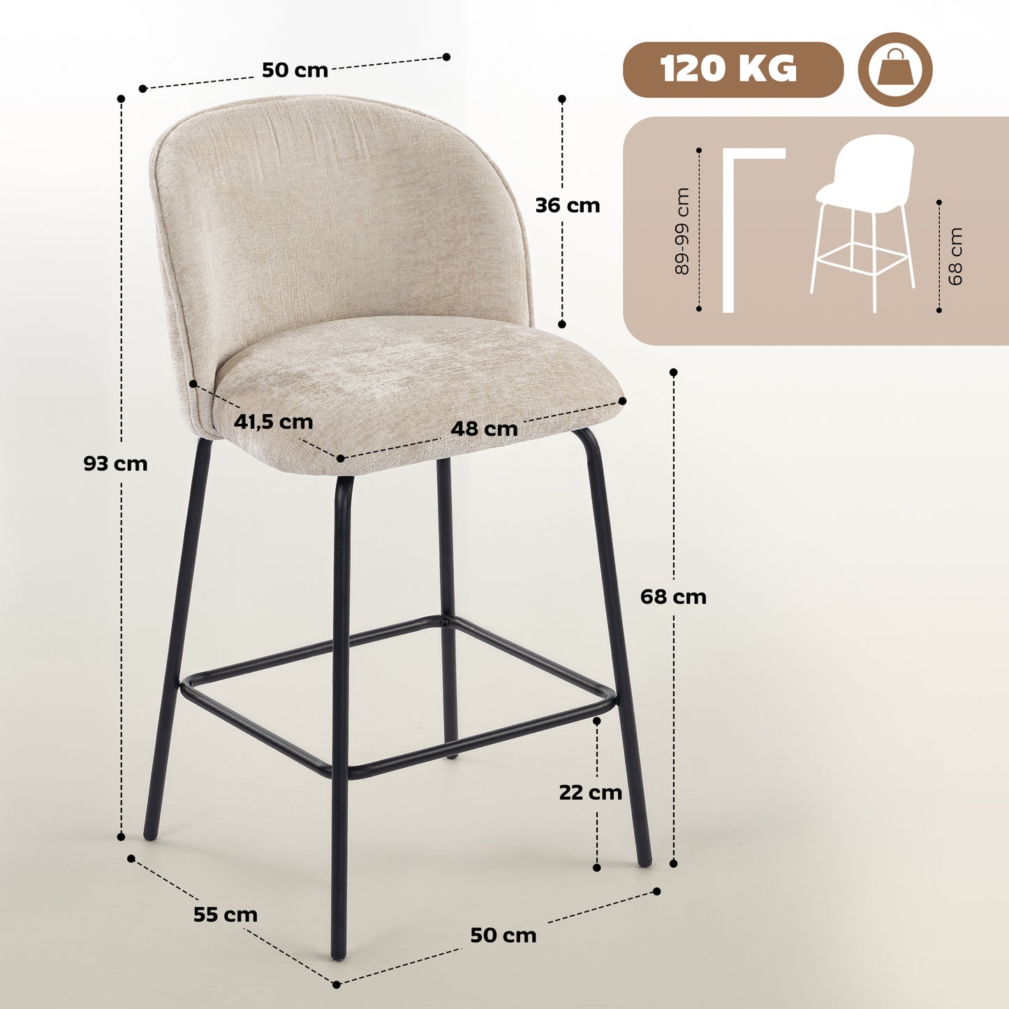 HOMCOM 2er-Set Barhocker mit Rückenlehne und Fußstütze, Polsterstühle mit Stahlbeinen für Kücheninsel, Esszimmer, Beige