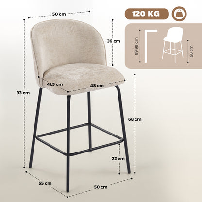 HOMCOM 2er-Set Barhocker mit Rückenlehne und Fußstütze, Polsterstühle mit Stahlbeinen für Kücheninsel, Esszimmer, Beige