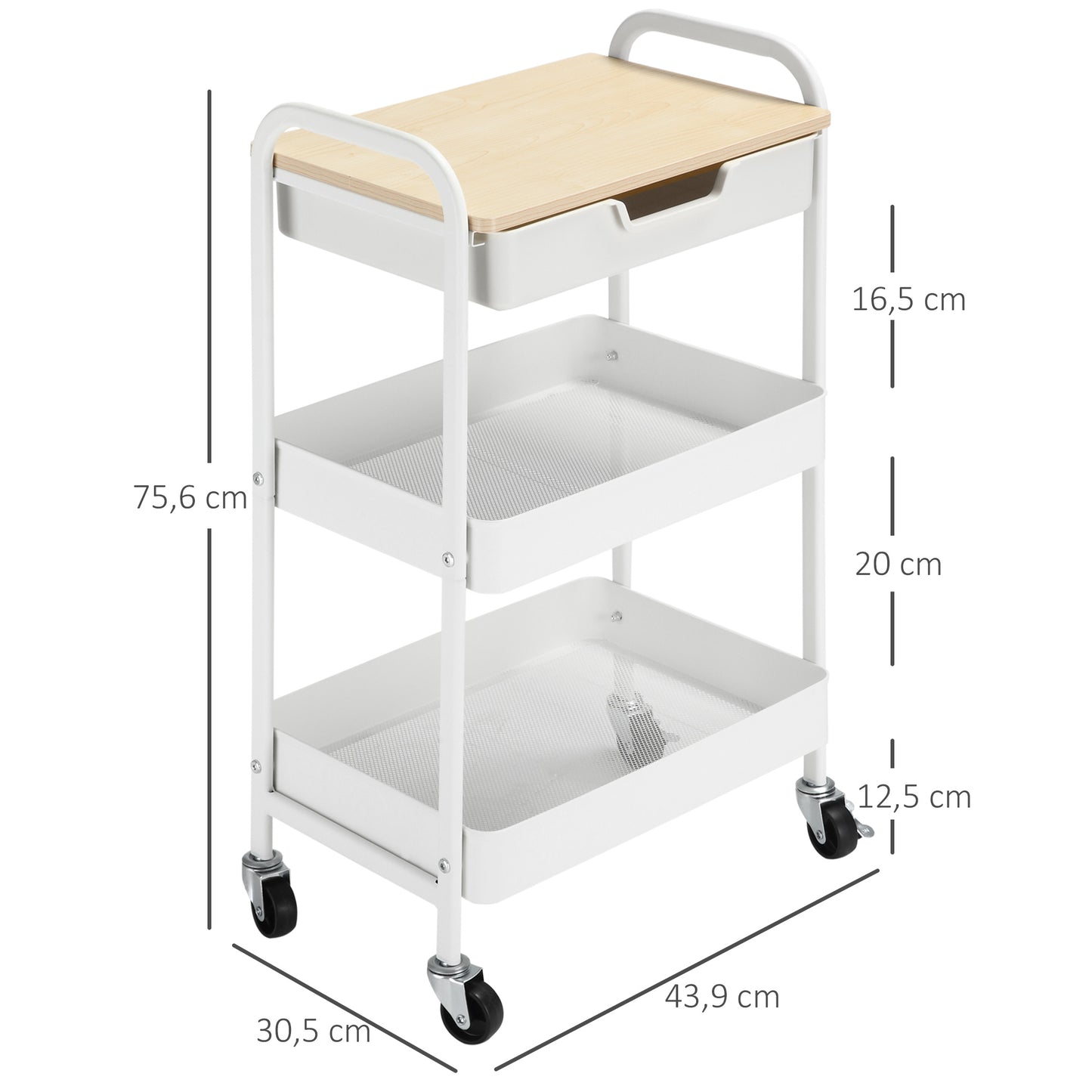 HOMCOM Rollbarer Küchenwagen, 2 Regale, Schublade, Ablage, 4 Rollen, Griffe, Stahl, Weiß