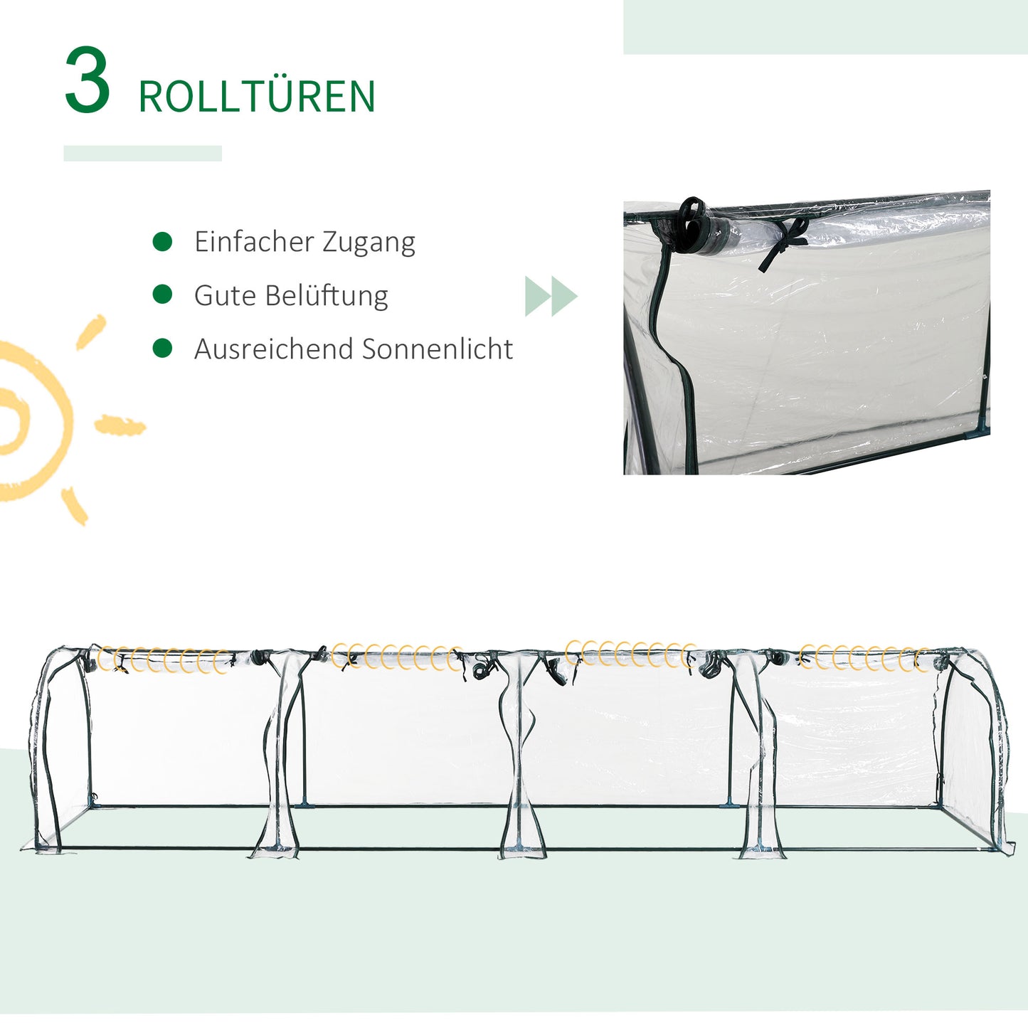 Outsunny Tunnelgewächshaus, 4 Fenster mit Reißverschluss, Stahlrahmen, robuste Plane, transparent, 395 x 100 x 80cm