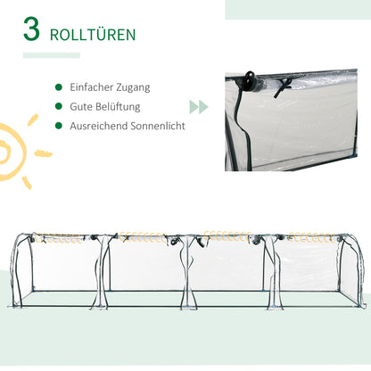 Outsunny Tunnelgewächshaus, 4 Fenster mit Reißverschluss, Stahlrahmen, robuste Plane, transparent, 395 x 100 x 80cm