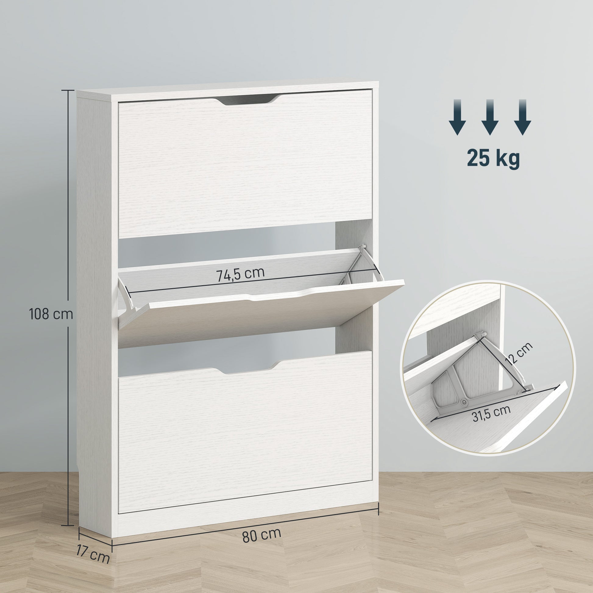 HOMCOM Schuhschrank mit 3 Klappschubladen, für bis zu 12 Paar Schuhe, Spanplatte, 80 x 17 x 108 cm, Weiß