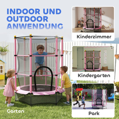 HOMCOM Trampolin für Kinder, Ø140 cm, mit Sicherheitsnetz, für innen und außen, Stahl, Kunststoff, belastbar bis 50 kg, Rosa
