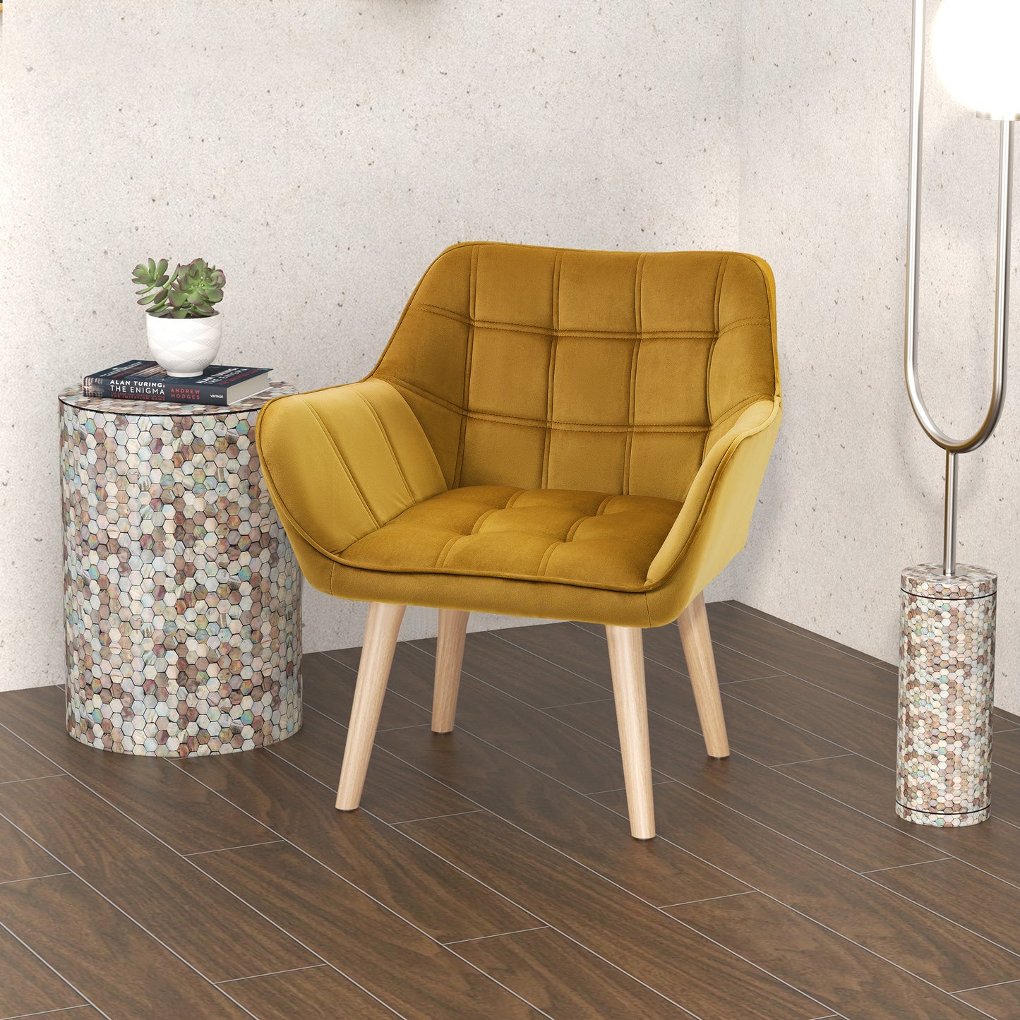HOMCOM Polstersessel, Akzentsessel, Skandi Design, Samtoptik, bis 120 kg, Kautschukholzbeine, Gelb