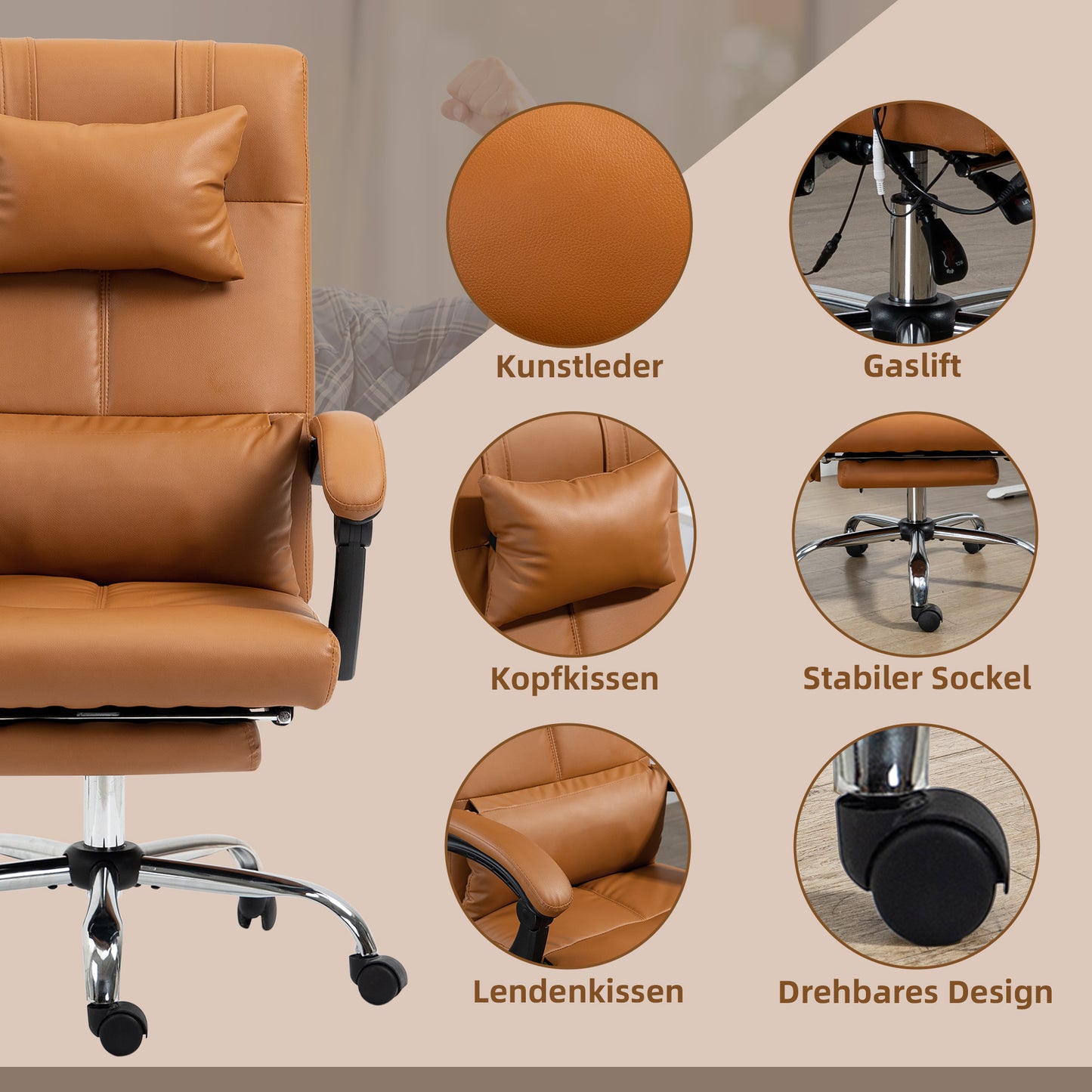 Vinsetto Bürostuhl mit Massagefunktion, ergonomisch, 66x67x115-123cm, Hellbraun