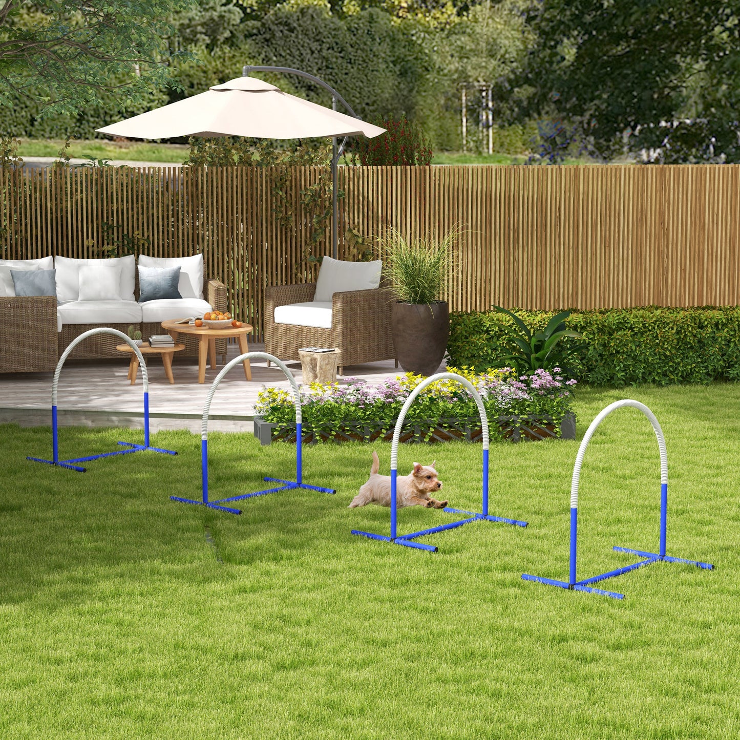 PawHut Agility-Set für Hunde, Hundetraining, 4 Bögen, für Einsteiger, mit Tragetasche, blau+weiß, 88 x 64 x 95cm
